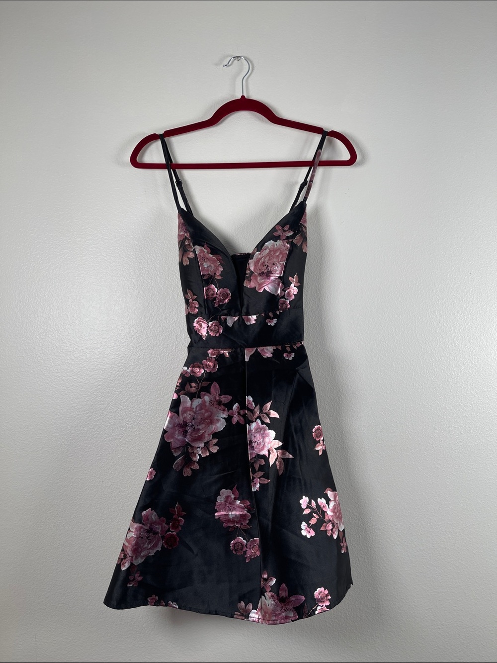 Black Floral A-Line Spaghetti Strap Dress - Pink Floral